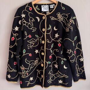 Michael Simon Vintage Black Gold Christmas Angel Beaded Cardigan Sweater Large